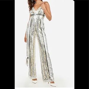 Express: SEQUIN V-NECK WIDE LEG JUMPSUIT xs